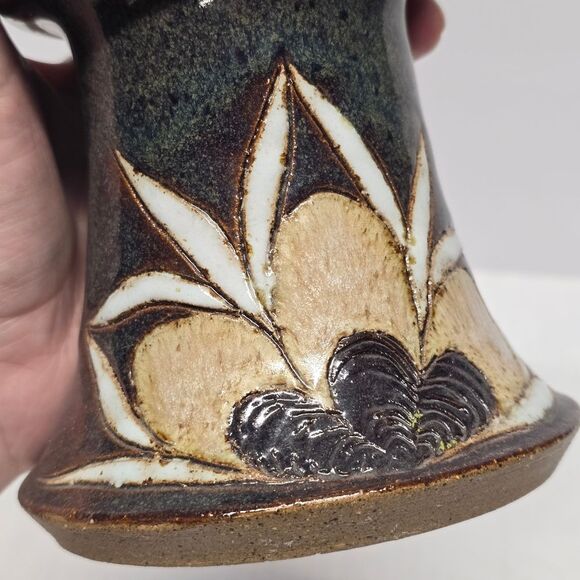 Vintage 80s Scandinavian Stoneware Pottery Floral Vase Blue Brown Signed Rustic - Picture 2 of 12